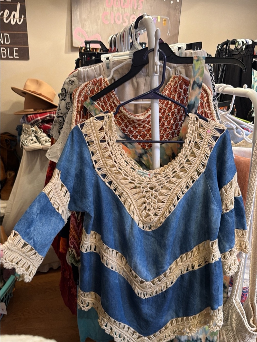 Boho Crochet Trim Blue Tunic Top